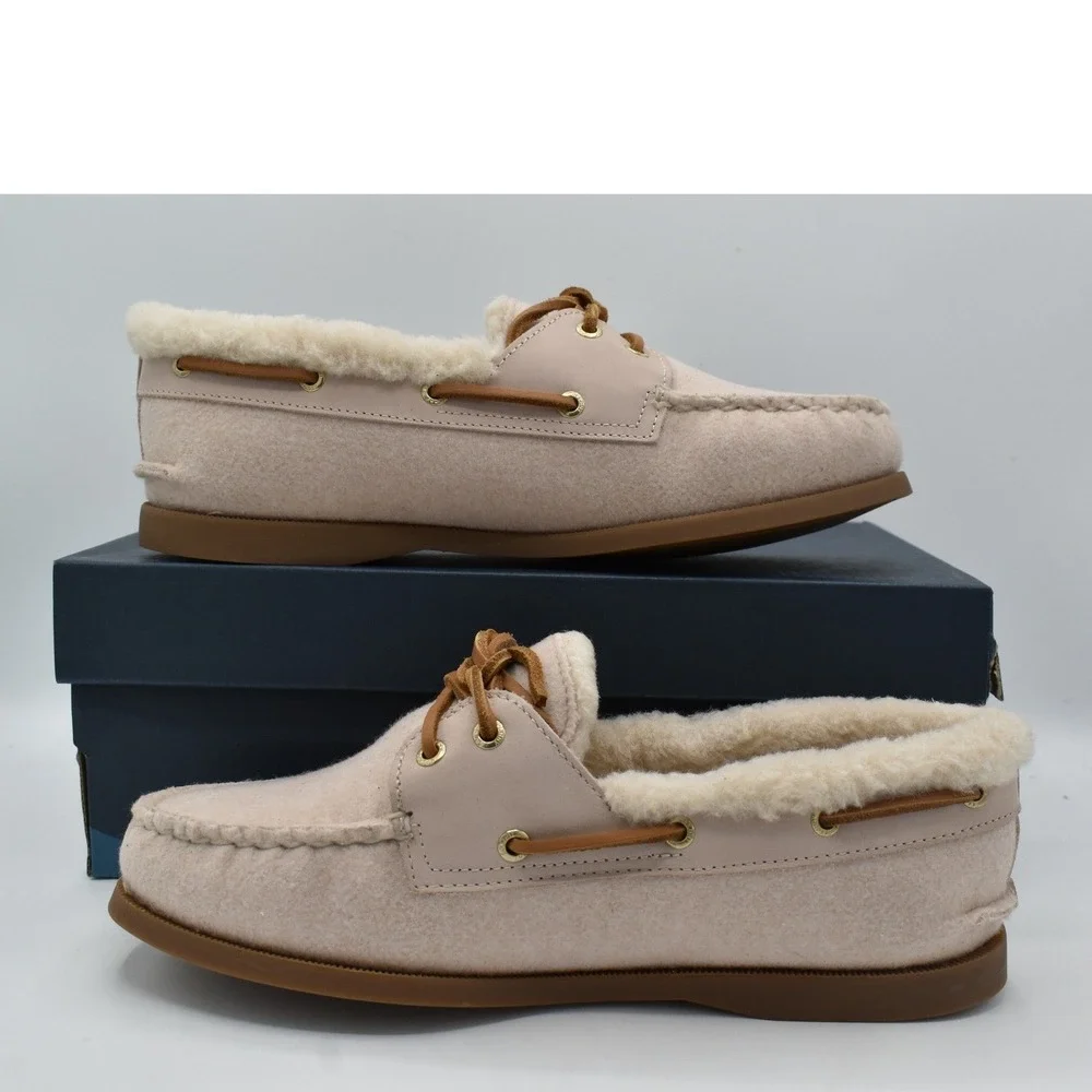 Sperry Women Size 10 AO 2 Eye Lined Faux Shearling Light Pink Suede Boat Shoes